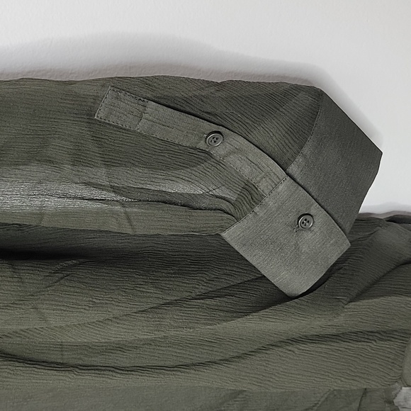 Spiegel 100% Silk Sheer Long Sleeve Tunic Button Up Shirt Waist Tie, Olive, 16W - Picture 3 of 4